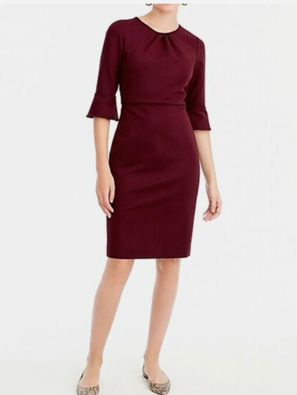 J. Crew Burgundy Midi Sheath Dress with Flared Three-Quarter Sleeves